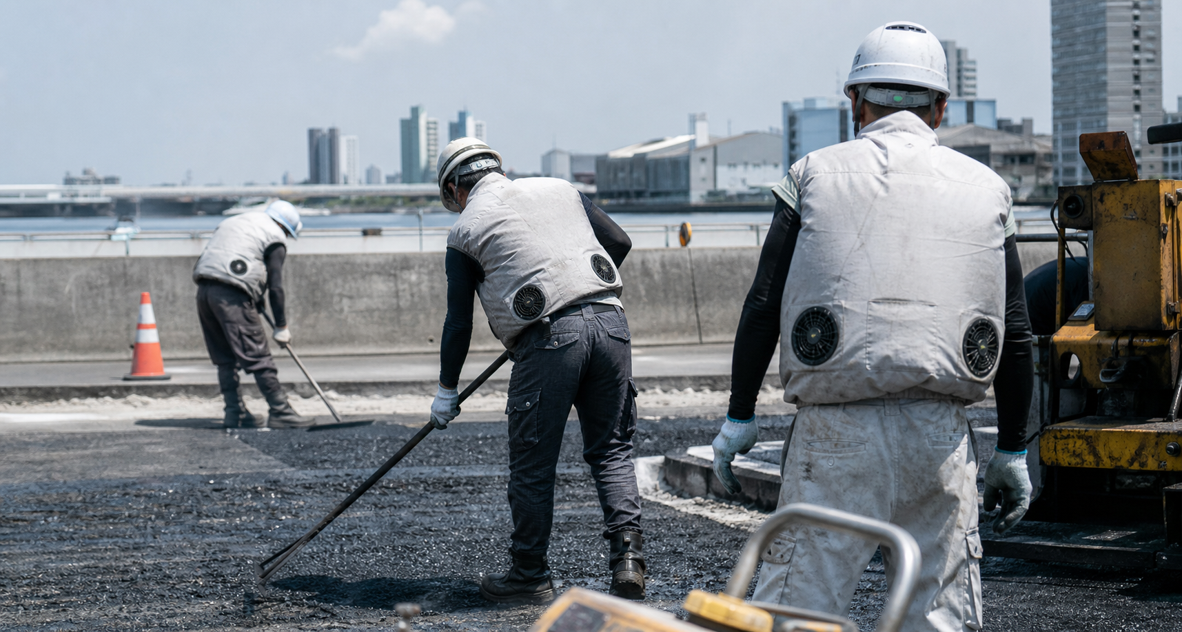 Road crew in Japan using fan-equipped workwear in summer